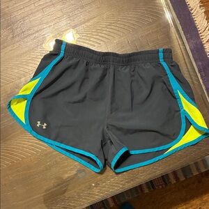Under Armour Women's Black Shorts with Blue and Yellow Accents. Women’s XS